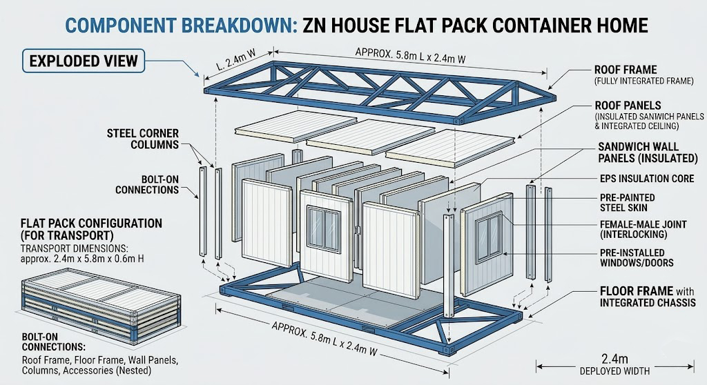 COMPONENT BREAKDOWN FOR FLAT PACK CONTAINER HOME