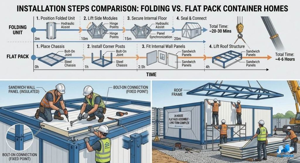 INSTALLATION STEPS COMPARISON: FOLDING VS. FLAT PACK CONTAINER HOMES